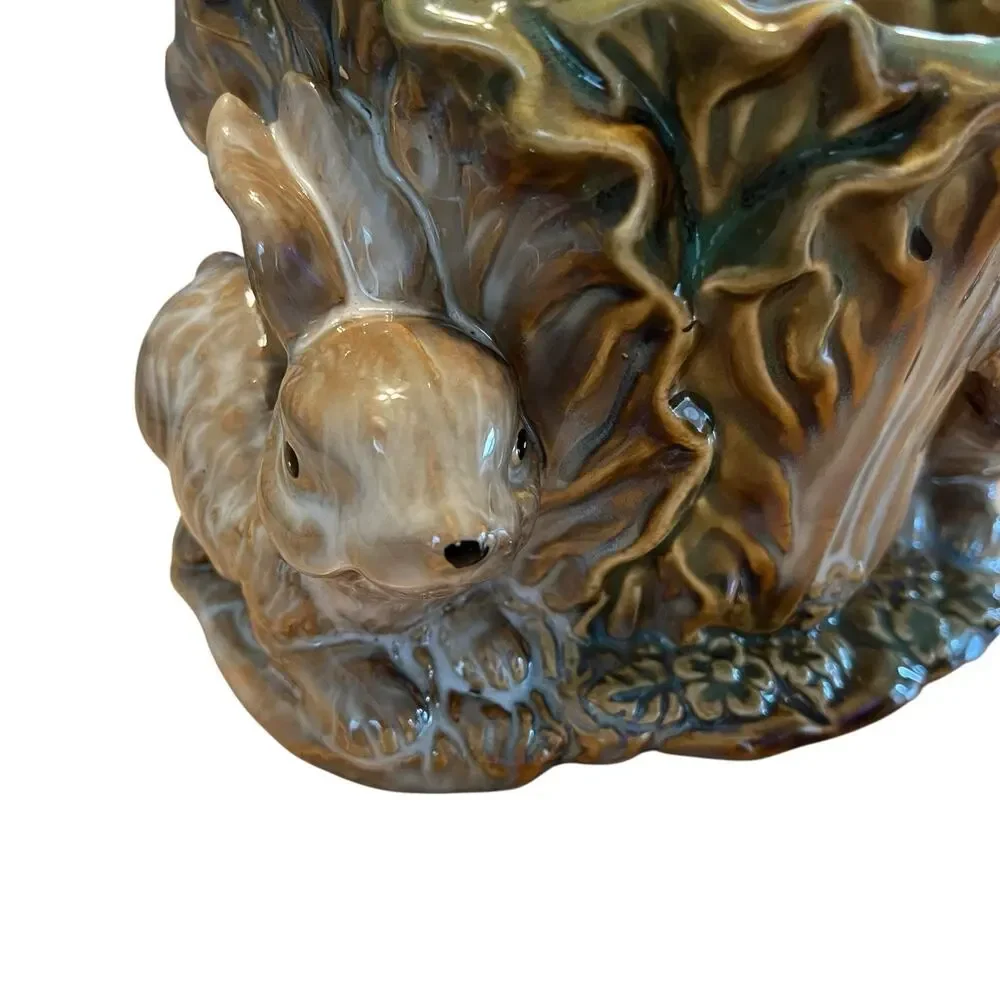 Bunny Rabbit Planter Vintage Ceramic Cabbage Peter Rabbit Glazed Retro Country